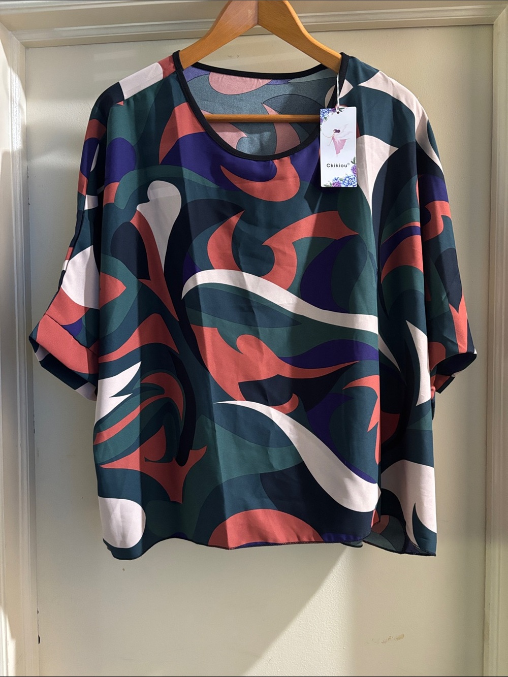 Women’s Abstract Print Short Sleeve Top in Teal Multi O/S more like a 3X NWT